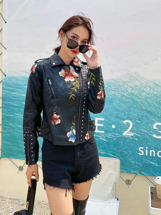 Vintage-Lederjacke mit Blumenmuster