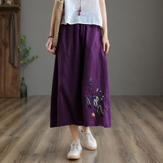 Damen Midirock mit Gummizug in der Taille und handgefertigter Blumenstickerei - Amandine