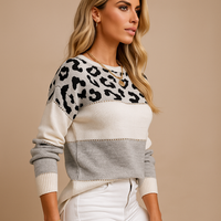 Damen Pullover Animal Print Farbblock modern gestrickt - Navy