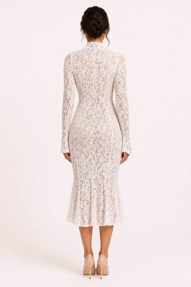 Elegantes Midi-Kleid aus Spitze für Damen mit hohem Kragen – Samara