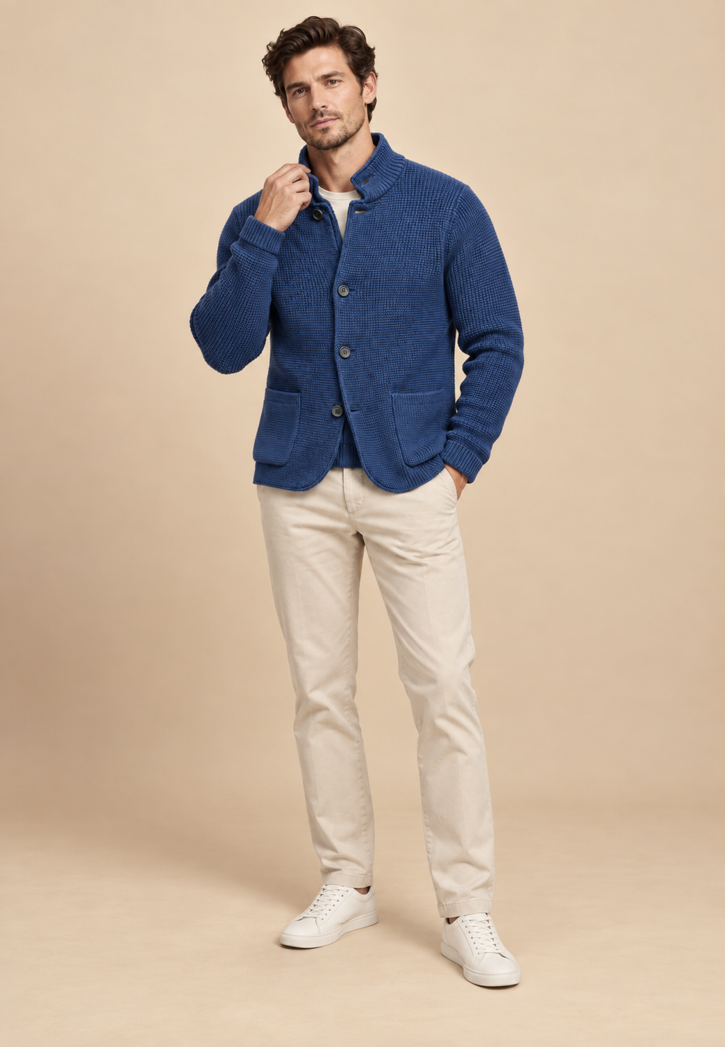 Herren-Strickjacke mit Knöpfen & Perkins-Kragen, Struktur-Strick – Cedric