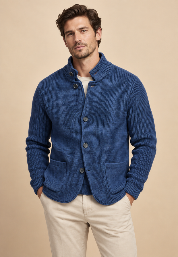 Herren-Strickjacke mit Knöpfen & Perkins-Kragen, Struktur-Strick – Cedric