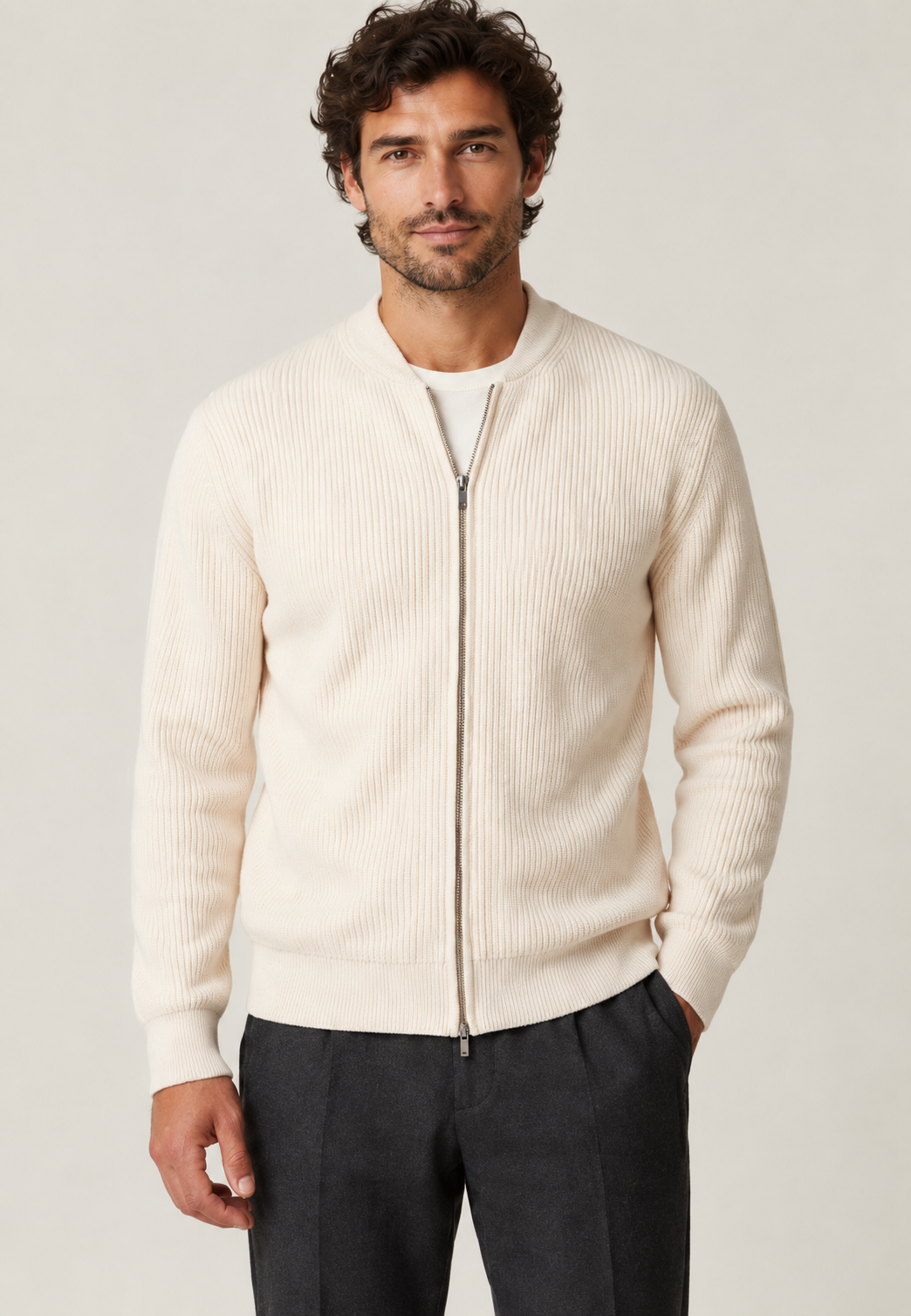 Herren-Strickjacke Rippstrick mit Zip & Rundhals – Sorrento