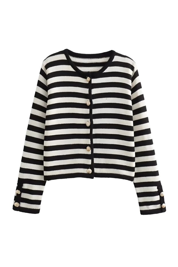 Damen-Strickjacke mit zweifarbigen Streifen, langen Ärmeln und Metallknöpfen – Liora
