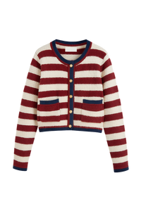 Damen-Strickjacke mit Streifen, Metallknöpfen und kontrastfarbenen Paspeln – Pastinne