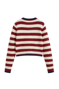 Damen-Strickjacke mit Streifen, Metallknöpfen und kontrastfarbenen Paspeln – Pastinne