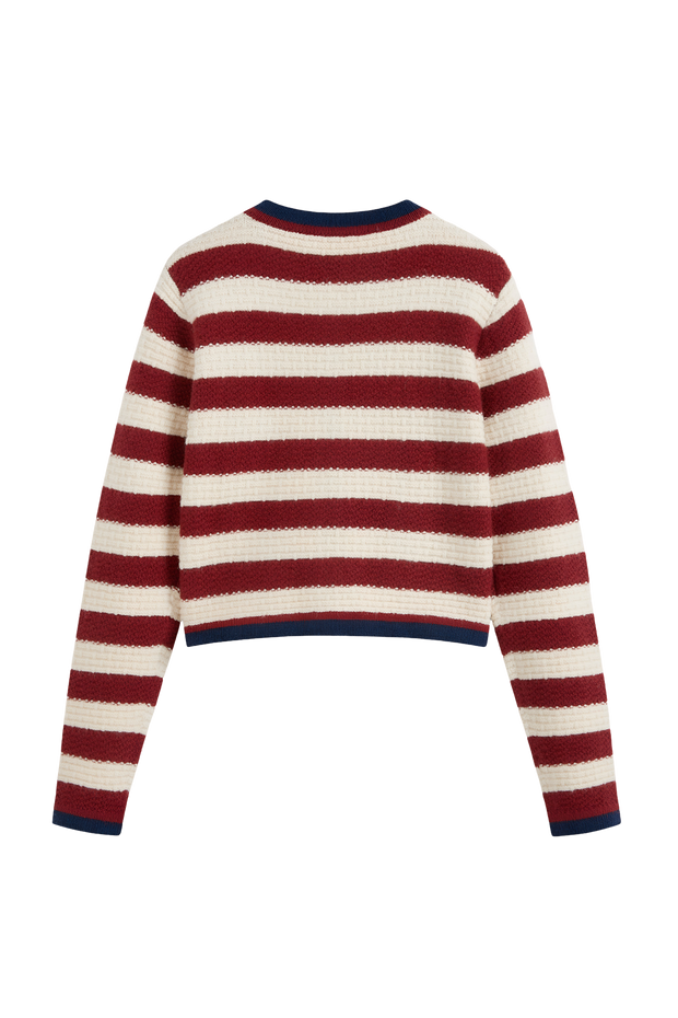 Damen-Strickjacke mit Streifen, Metallknöpfen und kontrastfarbenen Paspeln – Pastinne