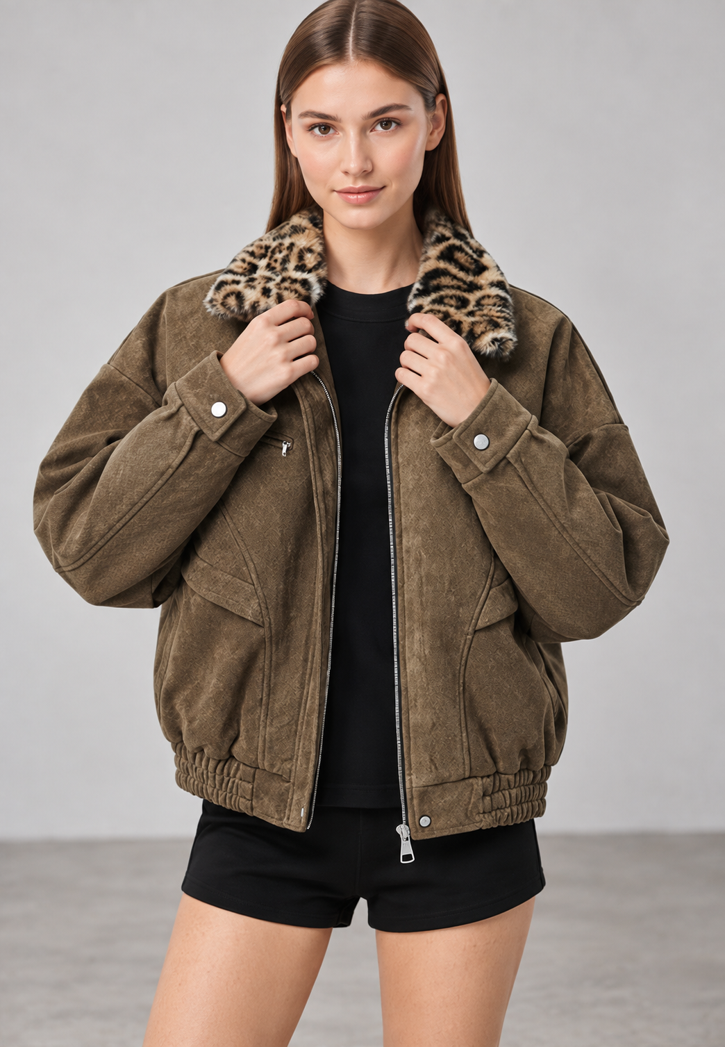 Damenjacke Wildlederoptik mit Kragen in Fell-Optik – Sabela
