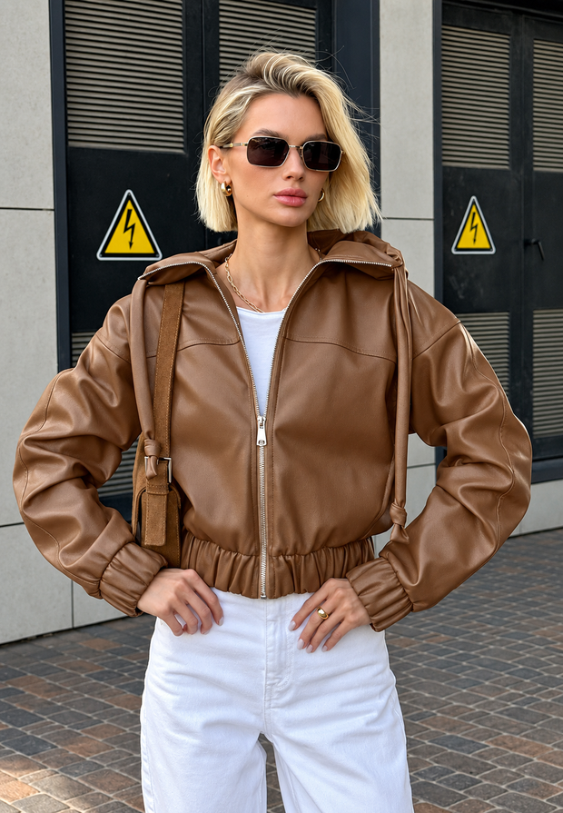Damenjacke Lederoptik mit Kapuze & Reißverschluss – Nerea