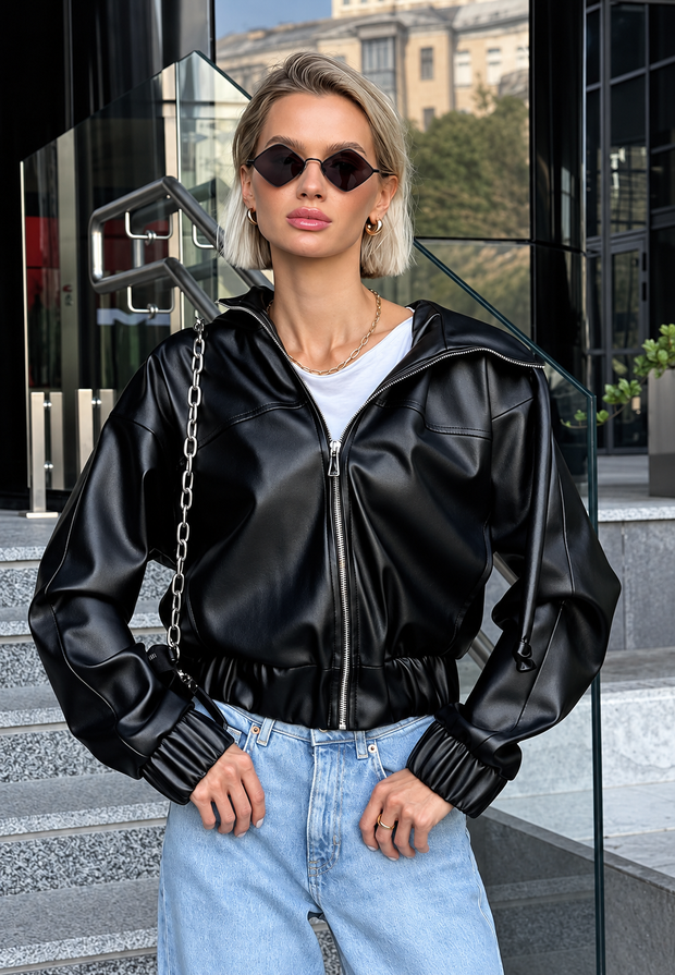 Damenjacke Lederoptik mit Kapuze & Reißverschluss – Nerea