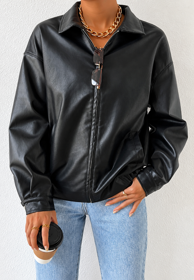 Damenjacke Lederoptik mit Zip & Hemdkragen – Aroa