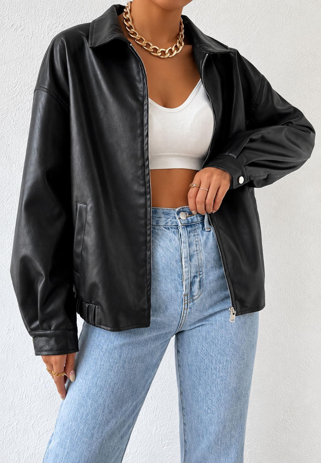 Damenjacke Lederoptik mit Zip & Hemdkragen – Aroa