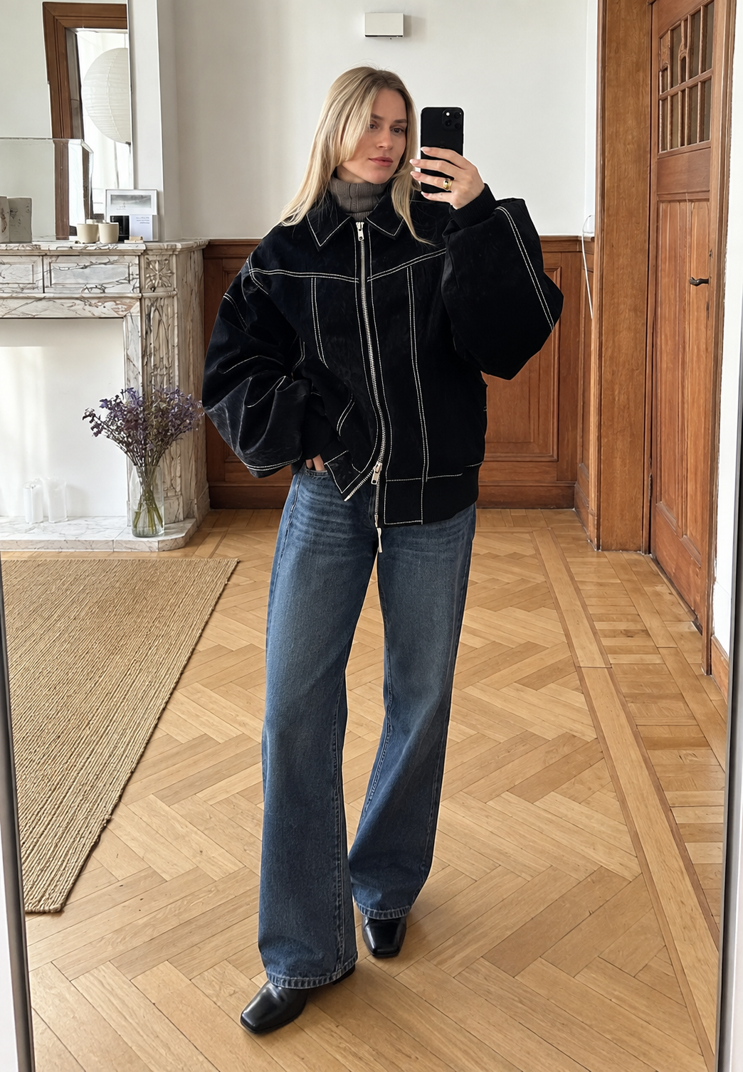 Oversize Damenjacke Wildlederoptik, Kontrastnähte – Vela