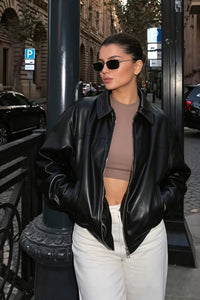 Oversize Damenjacke Lederoptik mit Hemdkragen – Arlet
