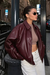 Oversize Damenjacke Lederoptik mit Hemdkragen – Arlet