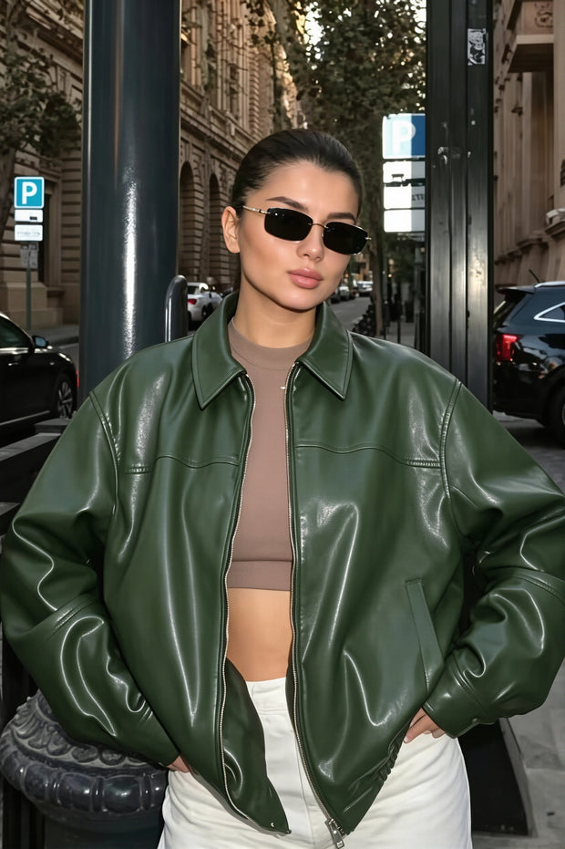 Oversize Damenjacke Lederoptik mit Hemdkragen – Arlet