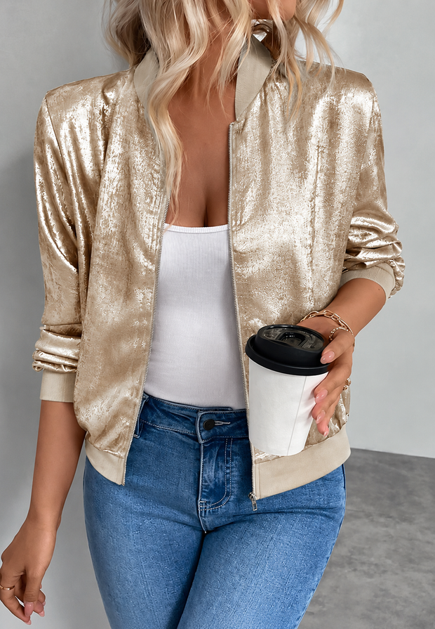 Kurze Damen Bomberjacke mit Zip & elastischem Saum – Nalia