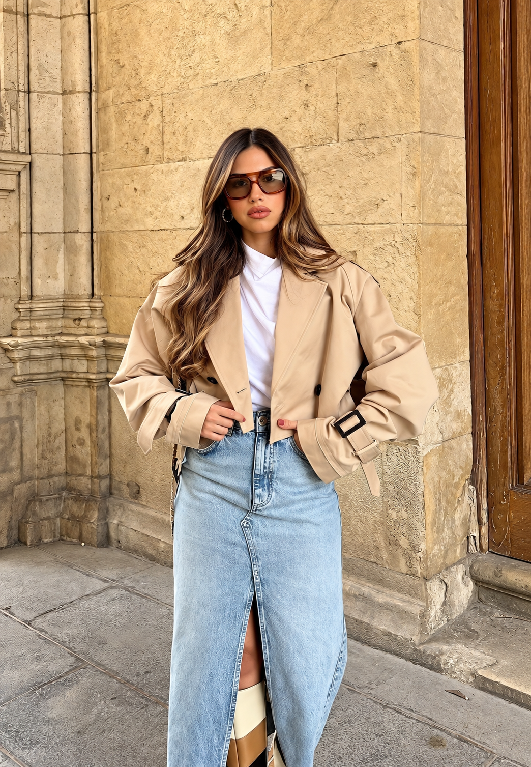 Kurzer Damen-Trenchcoat, Doppelreiher mit Gürtel – Cala