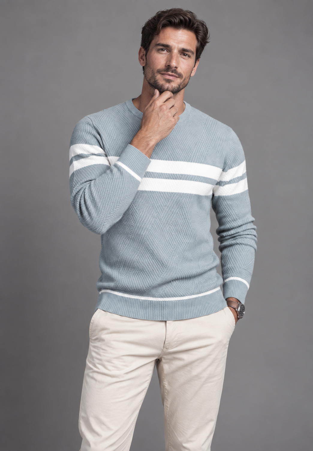 Herrenpullover gestreift mit Rundhals & Struktur-Strick – Tobias