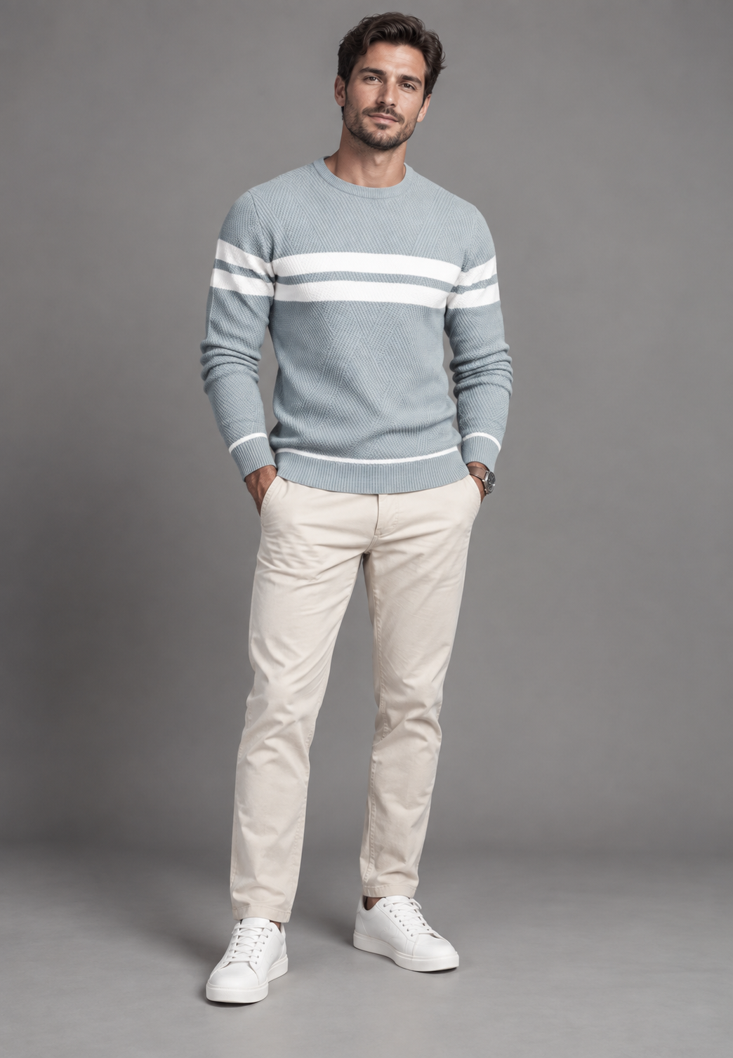Herrenpullover gestreift mit Rundhals & Struktur-Strick – Tobias
