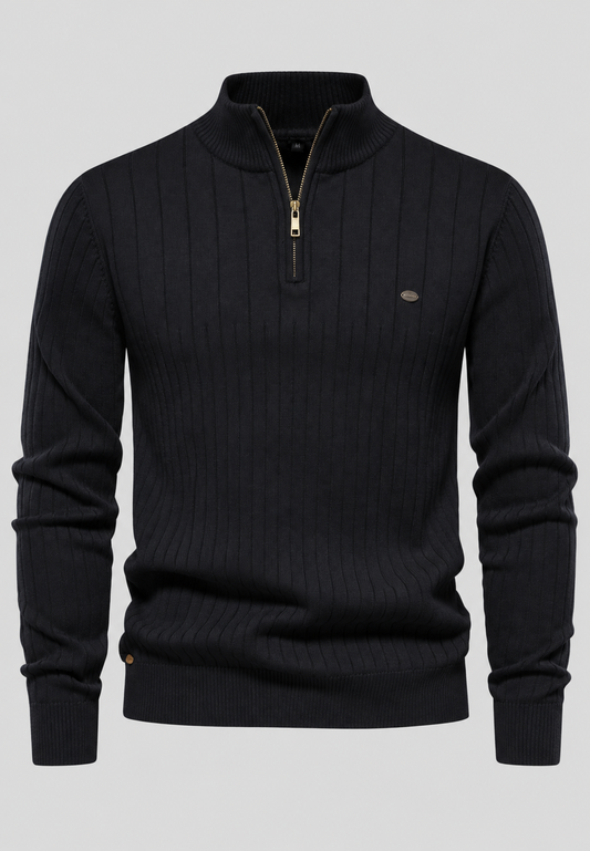 Herrenpullover mit halbem Reißverschluss, Rollkragen und Rippstrick – Mikkel