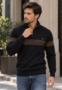Herrenpullover mit Zip, Stehkragen & Grafik-Streifen – Nolan