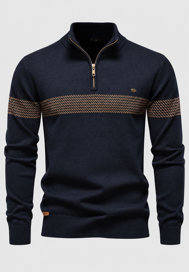Herrenpullover mit Zip, Stehkragen & Grafik-Streifen – Nolan
