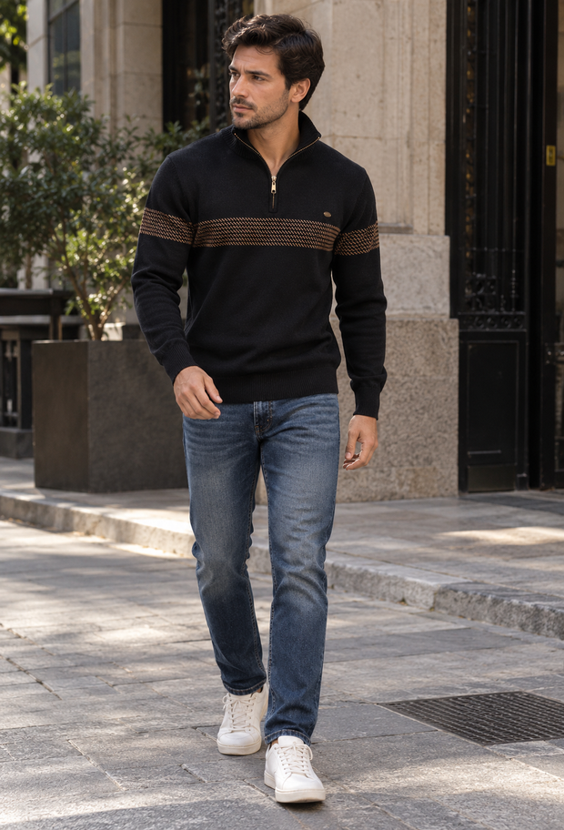 Herrenpullover mit Zip, Stehkragen & Grafik-Streifen – Nolan