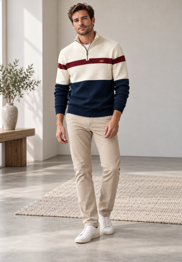 Herrenpullover Halbzip mit Stehkragen & Streifen – Auden