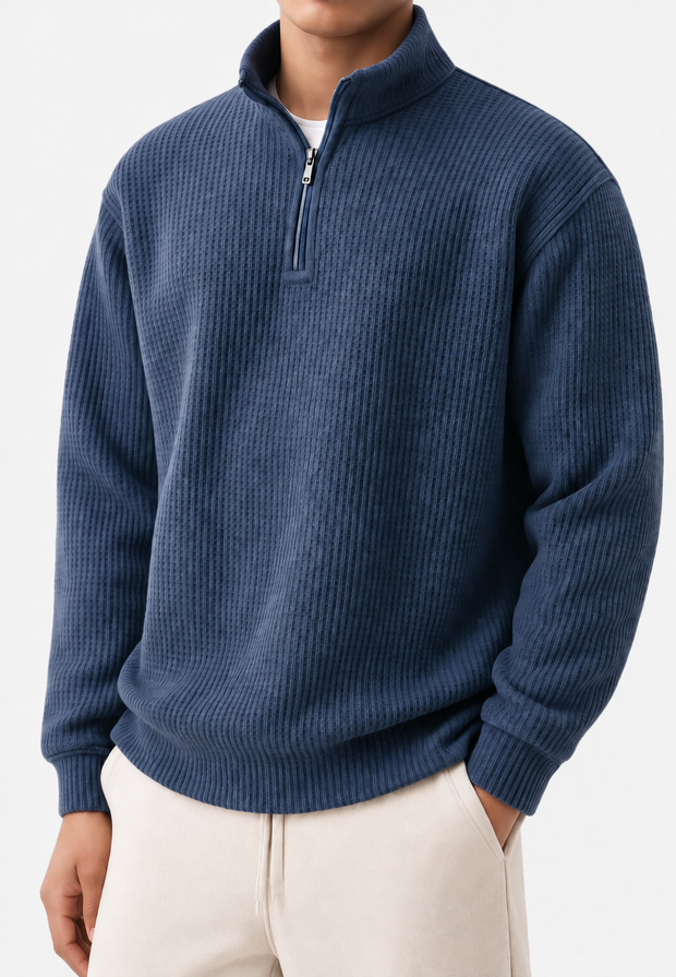Herrenpullover Rippstrick mit halbem Zip & Stehkragen – Elio