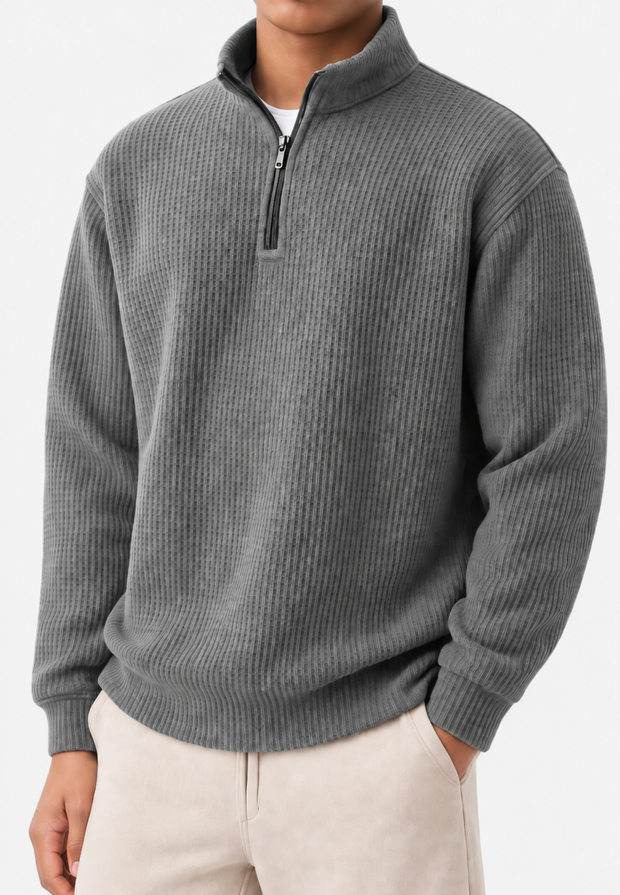 Herrenpullover Rippstrick mit halbem Zip & Stehkragen – Elio
