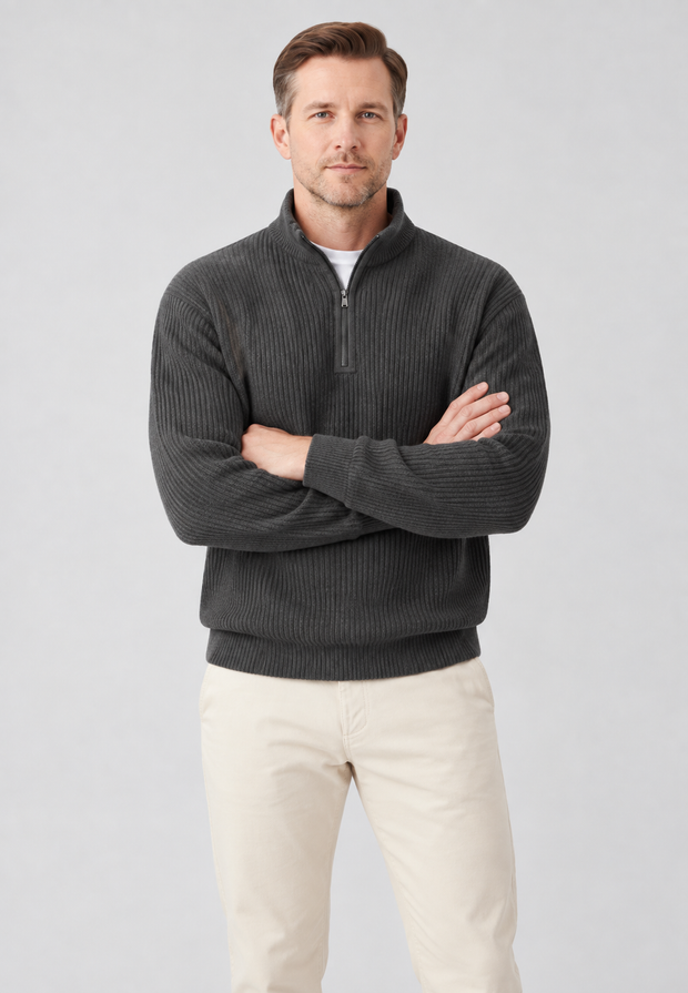 Herrenpullover Rippstrick mit halbem Zip & Stehkragen – Elio
