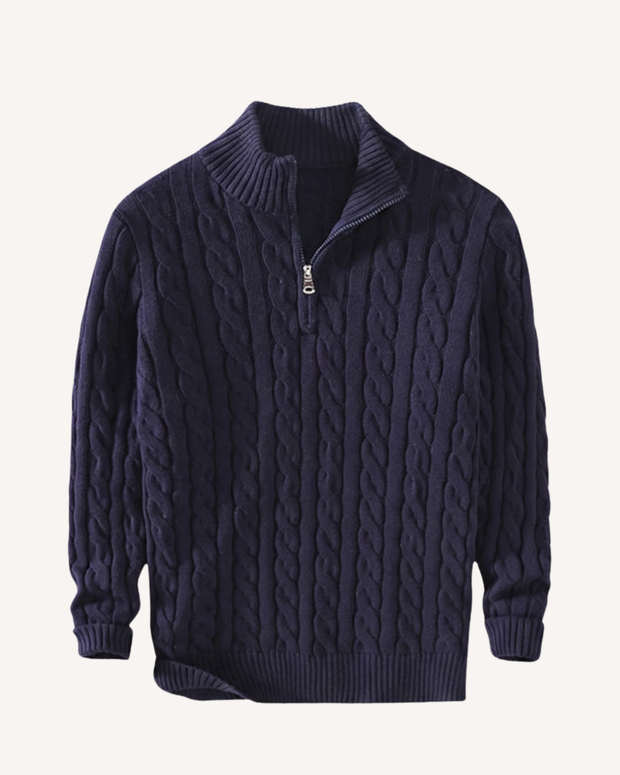 Herrenpullover Halbzip mit Zopfmuster & Stehkragen – Moritz