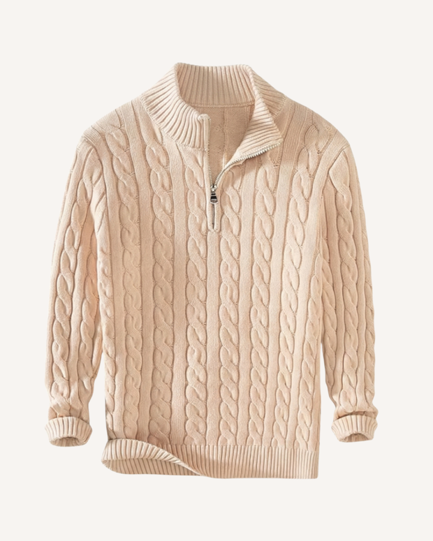 Herrenpullover Halbzip mit Zopfmuster & Stehkragen – Moritz