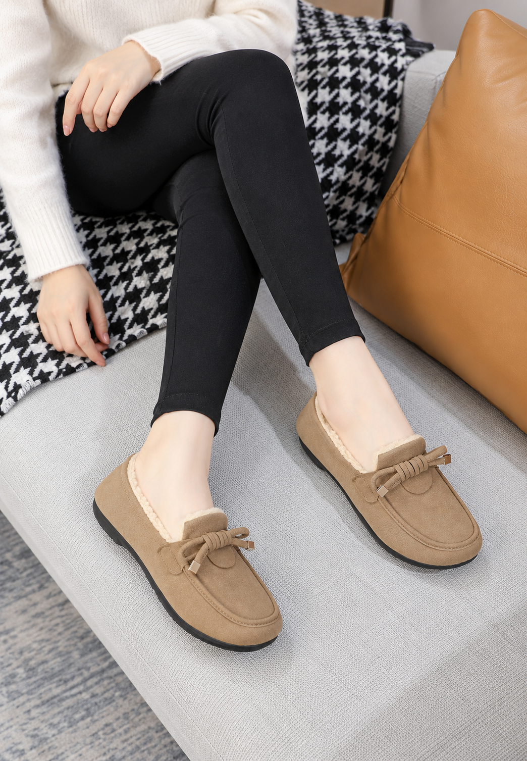 Damen Mokassin mit Fleecefutter & Zierschleife, flach – Selma