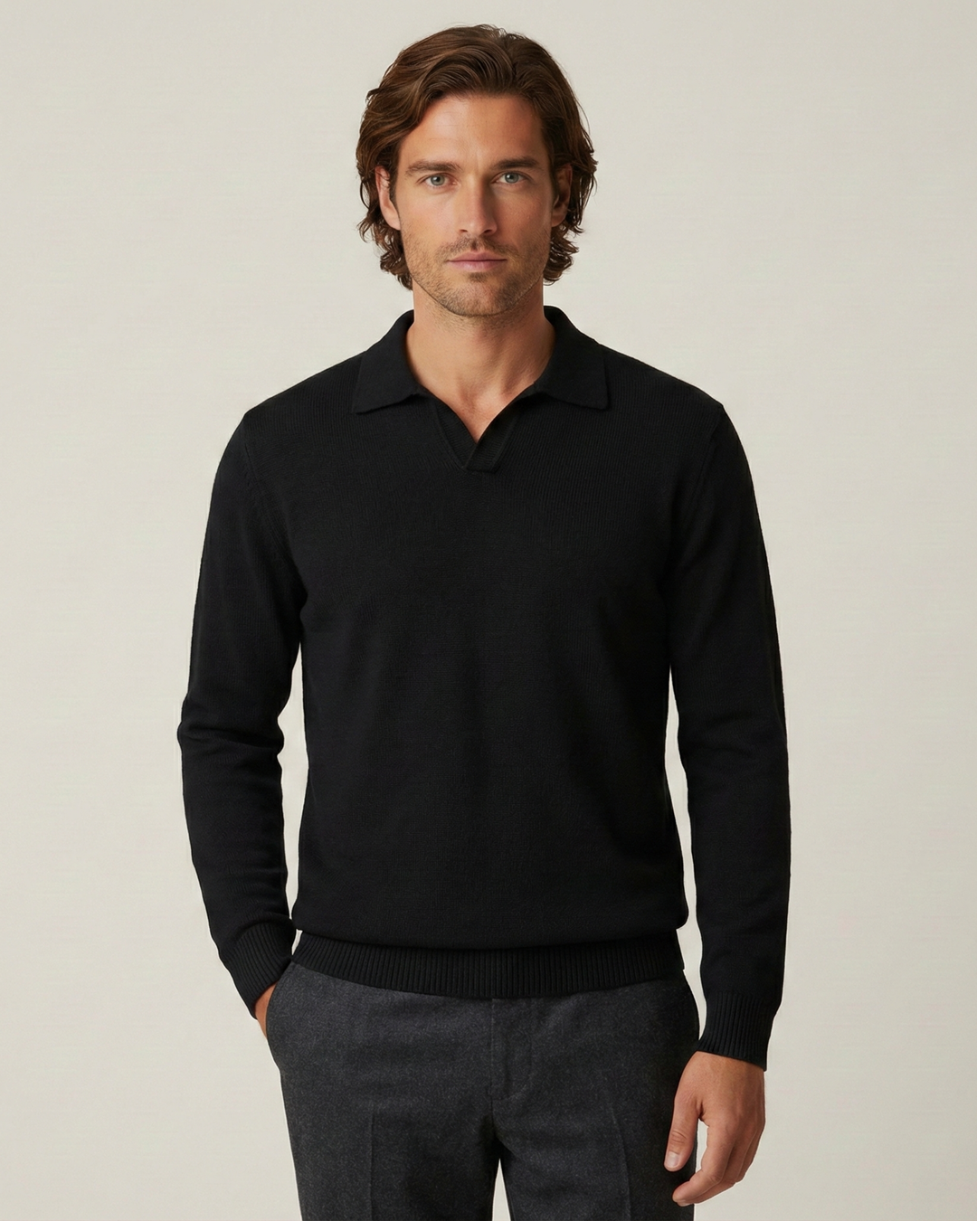 Herren Polo Langarm glatt gestrickt, offener Kragen – Elian