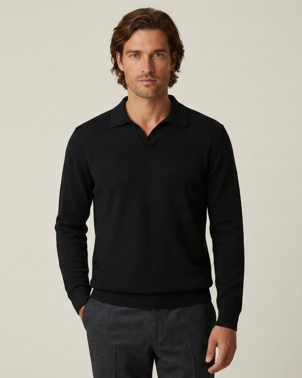 Herren Polo Langarm glatt gestrickt, offener Kragen – Elian