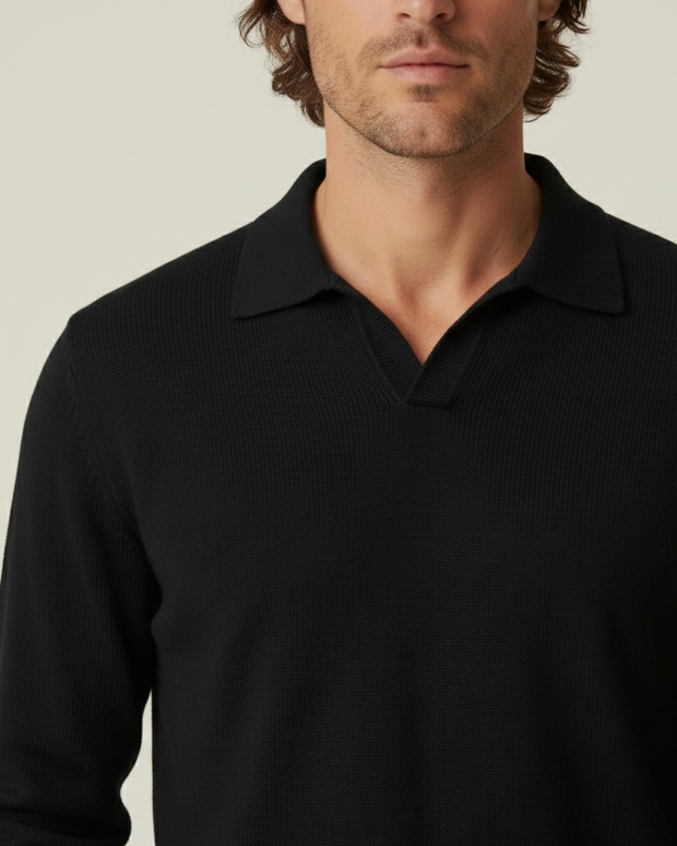 Herren Polo Langarm glatt gestrickt, offener Kragen – Elian