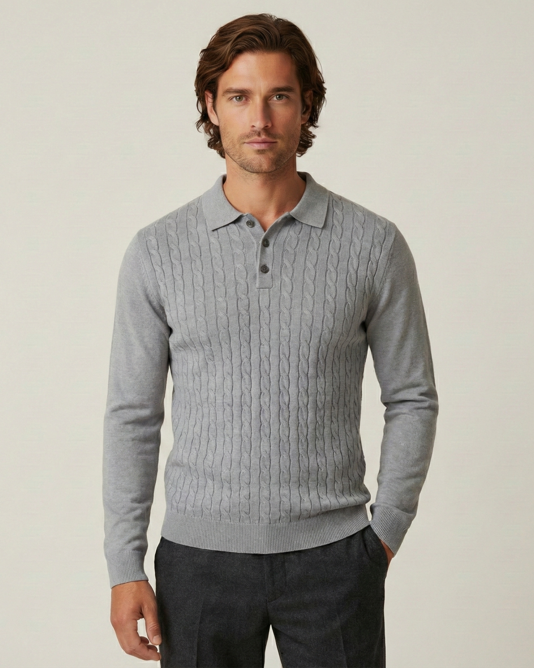 Herren Zopfstrick-Polo Langarm mit Kragen – Teo