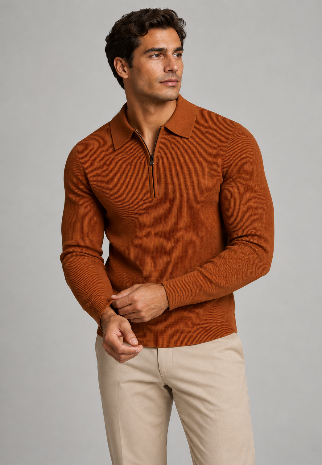 Herren Strick-Polo mit halbem Reißverschluss, langarm Herbst – Lior