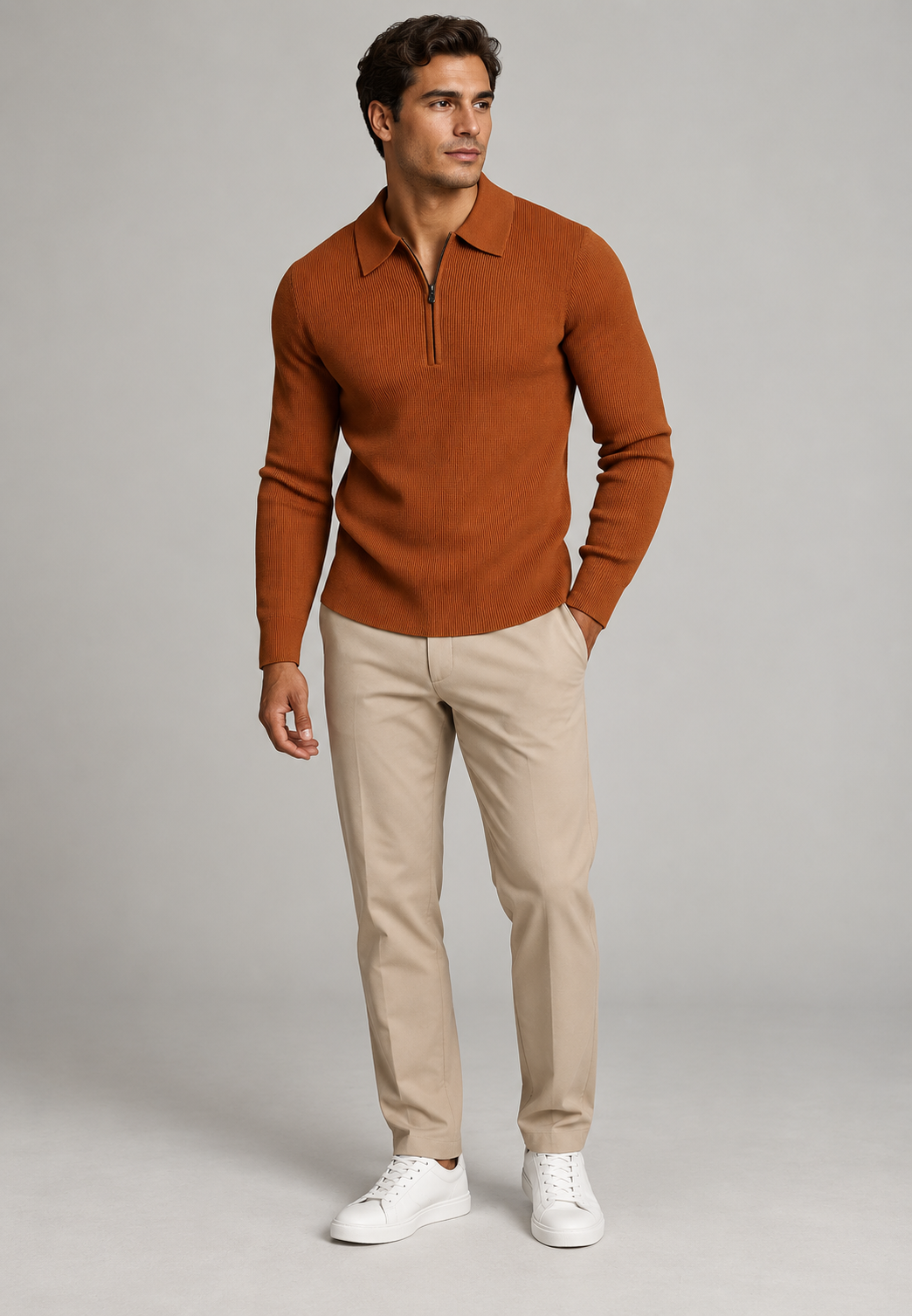Herren Strick-Polo mit halbem Reißverschluss, langarm Herbst – Lior