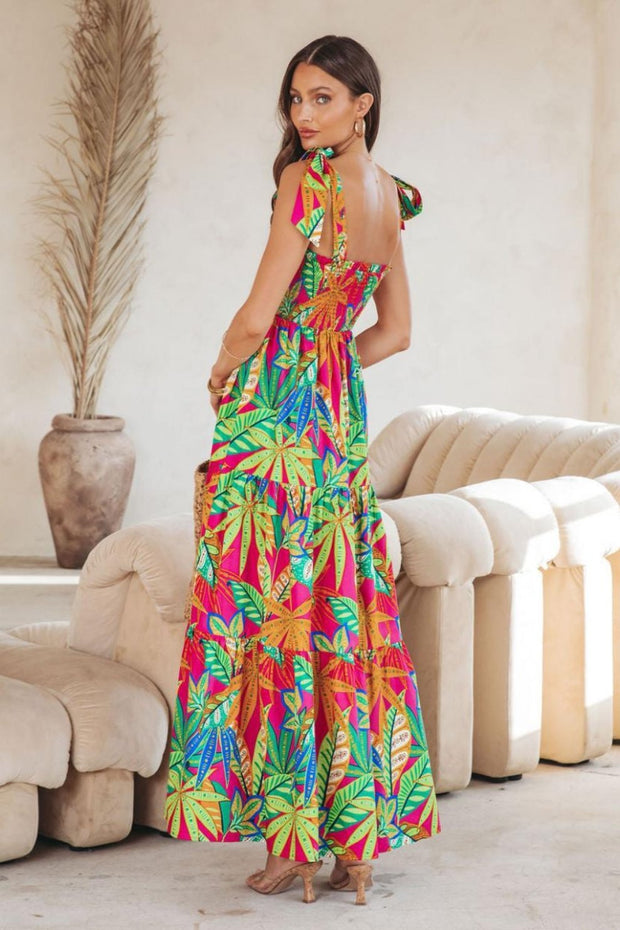 Finja - bedrucktes gerafftes Maxikleid mit Fliege