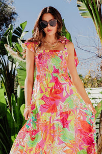 Finja - bedrucktes gerafftes Maxikleid mit Fliege